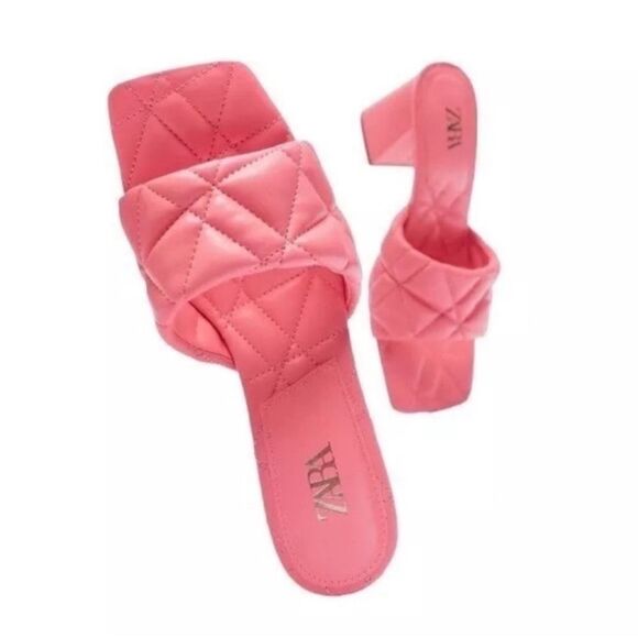 NWT Zara New Bright Pink Quilted Heeled Squared Toe Mules Shoes Sandals size 6 - Picture 1 of 13